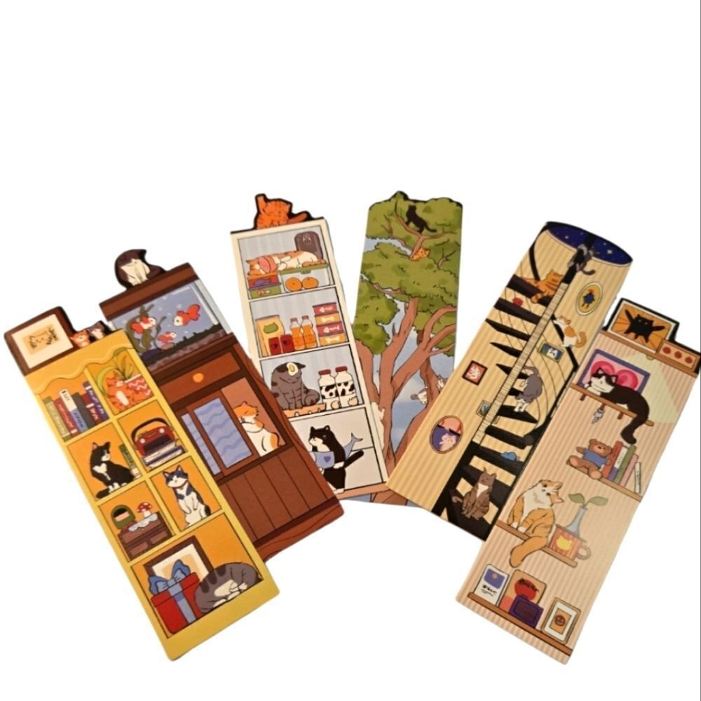 6pc Cat Bookmark Set Colorful Reading Markers Kawaii Fish Tank Tree Cute Cats